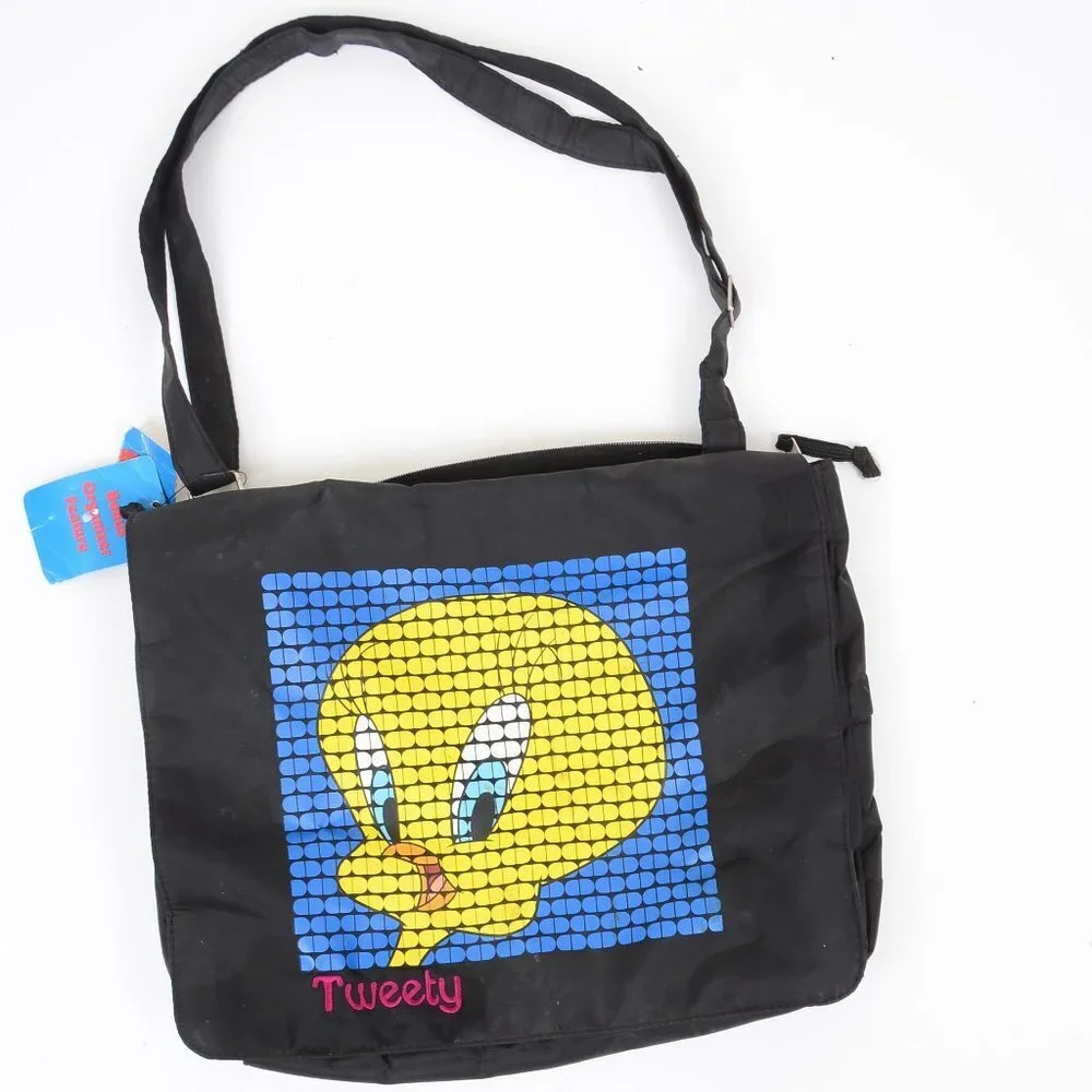 NWT Vintage 90s Tweety Bird Black Messenger Crossbody Bag Shopper School Laptop